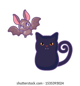 cute cat with bat flying on white background vector illustration design