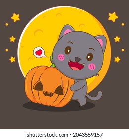 Cute cat bat with pumpkin cartoon design illustration 