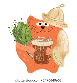 A cute cat in a bath towel and a bath cap holds beer or a carbonated drink and a broom for the sauna in his paws. Vector isolated image for a congratulation, postcard, design on a T-shirt or applique