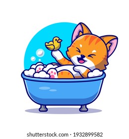 Cute Cat Bath In The Bath Tub With Duck Toys Cartoon Vector Icon Illustration. Animal Nature Icon Concept Isolated Premium Vector. Flat Cartoon Style