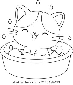 The cute cat is bathing in the basin coloring page.