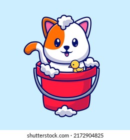 Cute Cat Bathing In Bucket With Bubble Cartoon Vector Icon Illustration. Animal Nature Icon Concept Isolated Premium Vector. Flat Cartoon Style