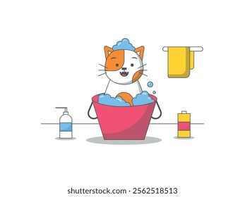 Cute cat bathing with soap foam and shampoo, taking care of a favorite pet. Character design. Vector flat illustration