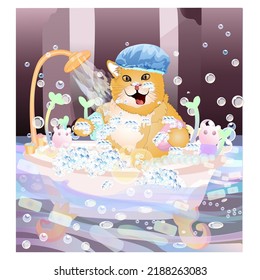 a cute cat bathing in tub.