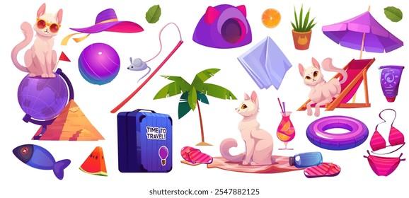 Conjunto lindo de accesorios de gato y playa aislado sobre fondo blanco. Ilustración de dibujos animados de Vector de gatito disfrutando del descanso de verano, chaise lounge, paraguas, protector solar, palmera, juguetes y maleta