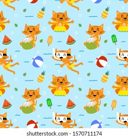 Cute cat in beach summer seamless pattern vector template