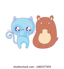 cute cat with bear baby animals kawaii style