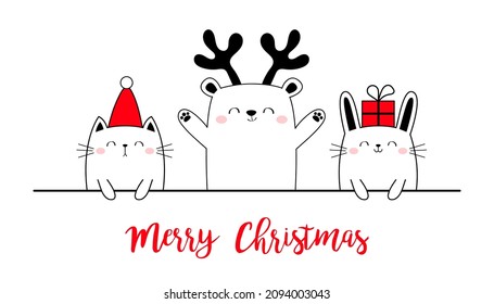 Cute cat bear bunny. Merry Christmas Happy New Year. Red Santa hat, deer horns. Funny kawaii doodle animal set. Line kitten kitty rabbit. Cartoon funny baby pet. Flat design. White background. Vector