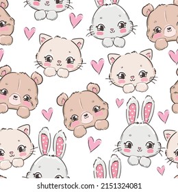 Cute Cat, Bear, Bunny vector Sketch Seamless pattern, print design