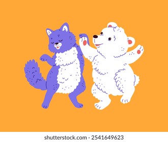 Cute cat and bear dancing together, hold on with their paws. Cartoon funny animals have fun on disco party. Music entertainment. Vector flat happy mammal characters illustration isolated on orange