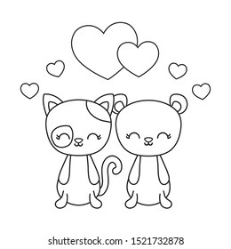 cute cat with bear and hearts love vector illustration design