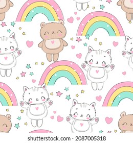 Cute cat and bear seamless pattern vector illustration. Childish design print