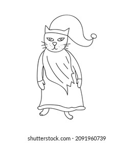 Cute cat with beard in a Christmas costume with beard. Coloring book element. Funny cartoon character. Hand drawn outline figure.