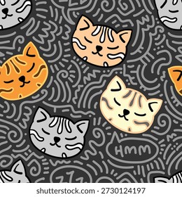 Cute cat and beautiful doodle in seamless pattern. Hand drawn doodle and illustration for sticker, postcard, wallpaper, mural, fabric, prints, etc