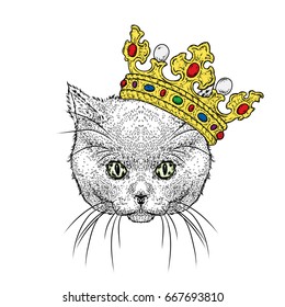 Cute cat in a beautiful golden crown. Kitten. Vector illustration for a postcard or a poster, print on clothes. Fashion & Style.