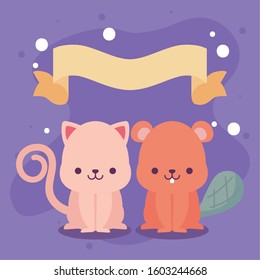 Cute cat and beaver cartoons design, Animals zoo life nature character childhood and adorable theme Vector illustration