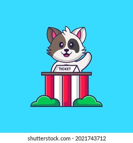 Cute cat is being a ticket keeper. Animal cartoon concept isolated. Can used for t-shirt, greeting card, invitation card or mascot.