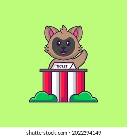 Cute cat is being a ticket keeper. Animal cartoon concept isolated. Can used for t-shirt, greeting card, invitation card or mascot.