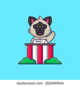 Cute cat is being a ticket keeper. Animal cartoon concept isolated. Can used for t-shirt, greeting card, invitation card or mascot.