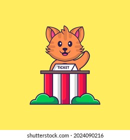 Cute cat is being a ticket keeper. Animal cartoon concept isolated. Can used for t-shirt, greeting card, invitation card or mascot.