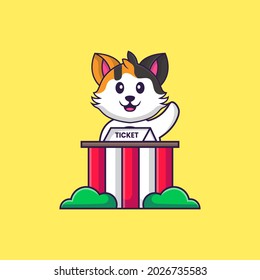 Cute cat is being a ticket keeper. Animal cartoon concept isolated. Can used for t-shirt, greeting card, invitation card or mascot.