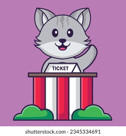 Cute cat is being a ticket keeper. Animal cartoon concept isolated. Can used for t-shirt, greeting card, invitation card or mascot