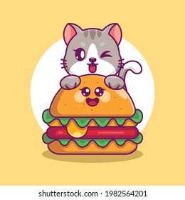 Cute cat with big cheese burger cartoon