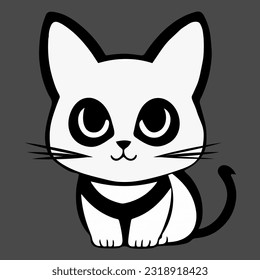 Cute cat with big eyes, black and white vector illustration.
