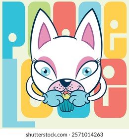 Cute cat with big eyes eating a muffin around flowers, clouds and a big rainbow, celebrating the joy of happiness, texts and hearts with doodle effects in trendy colors.