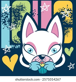 Cute cat with big eyes eating a muffin around flowers, clouds and a big rainbow, celebrating the joy of happiness, texts and hearts with doodle effects in trendy colors.