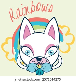 Cute cat with big eyes eating a muffin around flowers, clouds and a big rainbow, celebrating the joy of happiness, texts and hearts with doodle effects in trendy colors.