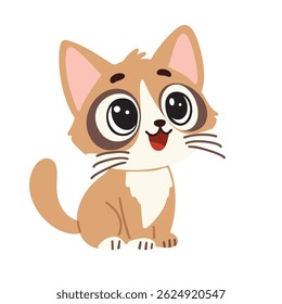 Cute Cat with Big Eyes in Flat Style. Hand Drawn Vector Art.