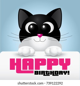 Cute cat with big eyes holding a happy birthday card - illustration