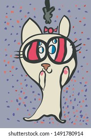 Cute cat with big eyes plays with little mouse. Illustration after brush drawing.