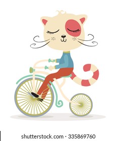 Cute cat with a bike vector design. Animal illustration.