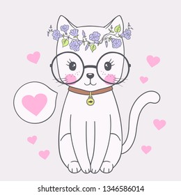 Cute cat with bindweed wreath, glasses, heart. Cartoon vector illustration