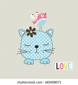 cute cat with bird, love card with cat and bird, T-shirt graphics for kids vector illustration