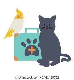 cute cat and bird mascots with medical kit