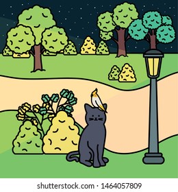 cute cat and bird mascots in the park