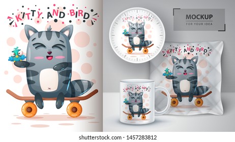 Cute cat   bird    mockup for your idea  Vector eps 10