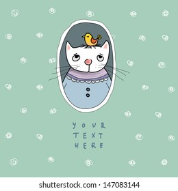 Cute cat with a bird on his head