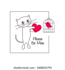 cute cat and bird valentine vector graphic illustration