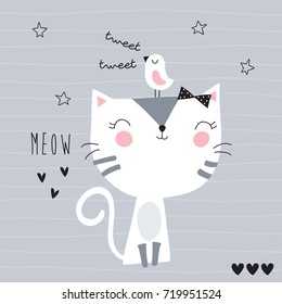 cute cat with bird vector illustration