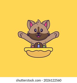 Cute cat with birthday cake. Animal cartoon concept isolated. Can used for t-shirt, greeting card, invitation card or mascot.