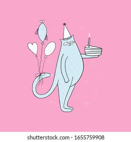 Cute cat with birthday cake and balloon
