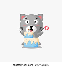 Cute cat with birthday cake cartoon illustration