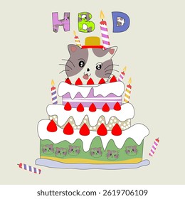 Cute cat with birthday cake. Hand-drawn. Vector illustration for your design. Ideas for cards, pillowcases, template sheets, and wallpaper.