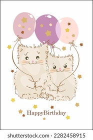 
Cute Cat Birthday Card, cats with balloons, Happy Birthday Greeting Card for Cat Lovers, Lovely Bday Card, hand drawn greeting card, vector illustration
