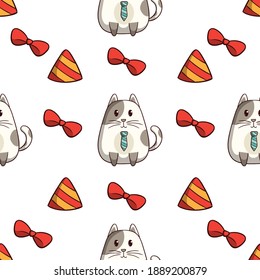 cute cat with birthday decoration in seamless pattern with colored doodle style on white background
