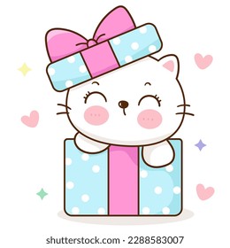 Un regalo de cumpleaños para gatos. Serie: Animales Kawaii gatitos aislados de fondo blanco (caricatura de caracteres) Actividades de vacaciones. Perfecto hacer un deseo para un libro de cuento de hadas de camisetas de bebé, fiesta de celebración.